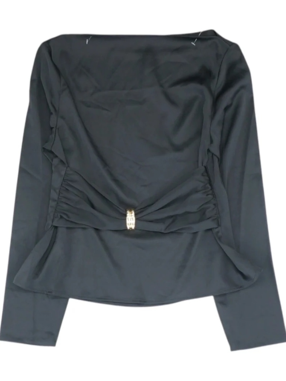 Black Long-Sleeve Ruched Front Top with Gold Accent